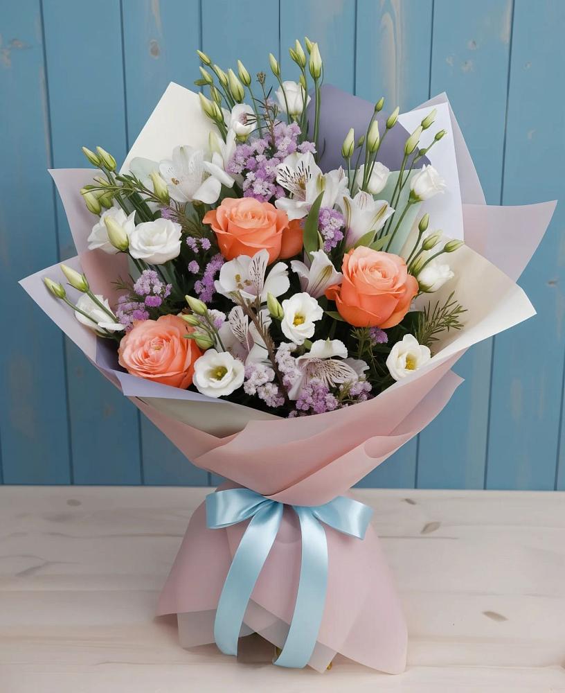 Букет цветов из: Лизиантусы, Розы, Альстромерии и Гипсофила в Кривополянье
