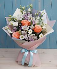 Букет цветов из:  Лизиантусы, Розы, Альстромерии и Гипсофила в Кривополянье