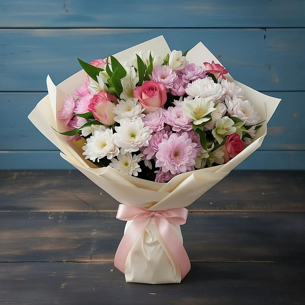 Букет цветов из: Хризантемы, Альстромерии и Розы в Кривополянье